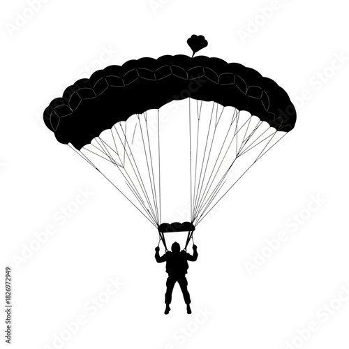 Silhouette of a skydiver gliding with a parachute against white background aerial view