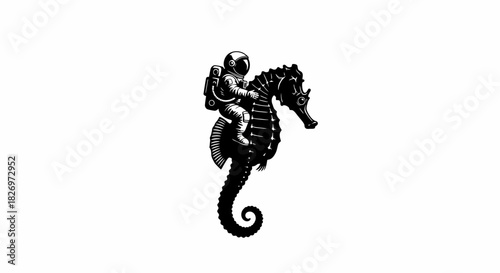 A stylized vector image featuring an astronaut riding a seahorse in black and white design