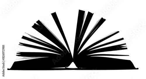 Dramatic Silhouette of an Open Book with Pages Fanned Out on a White Background