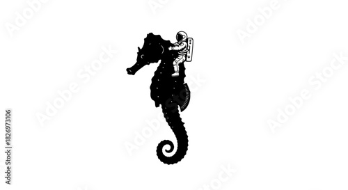 Astronaut's Aquatic Adventure: A Surreal Journey on a Seahorse Silhouette