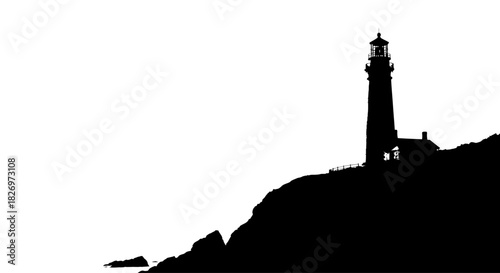Dramatic silhouette of a lighthouse perched atop a rocky cliff against a stark white sky
