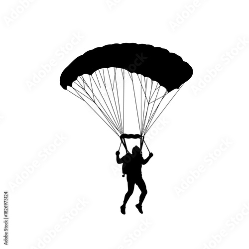 Silhouette of a skydiver with parachute gliding peacefully in the air with minimalist design and