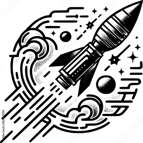 Rocket Ascending: A rocket soars boldly into the vast expanse of space, leaving a trail of fire and ambition behind, surrounded by stars and celestial wonders.