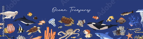 Design of banner with border from underwater animals, corals and ocean fish. Template with frame from dolphins, turtles, killer whale swimming undersea. Layout with sea life. Flat vector illustration.