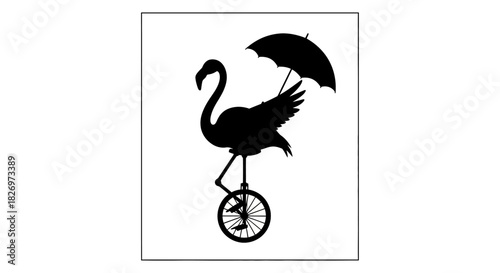 Silhouette of a flamingo riding a unicycle holding an umbrella for whimsical designs and creative