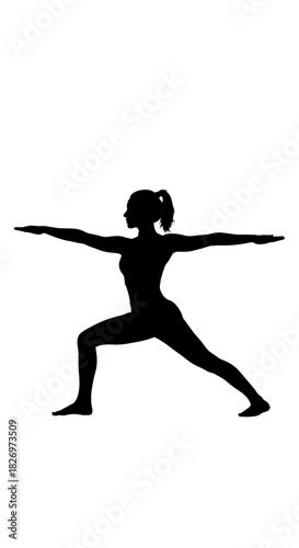 Silhouette of woman practicing yoga warrior pose for well being and healthiness