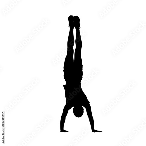 Silhouette of a person performing a handstand on a white background acrobatics skill