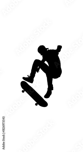 Silhouette of a skateboarder performing a trick in mid-air against white background