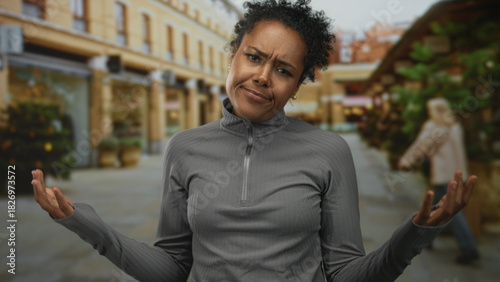 Canvas Print Woman frowns showing face under curly hair on a street lined with shops and potted plants; frustration