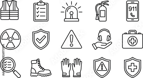 Safety and emergency preparedness icons set, workplace protection and hazard response concept, cad drawing flat vector illustration, black and white