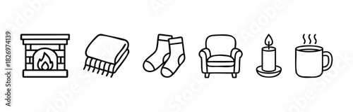 Cozy winter icons including fireplace, blanket, socks, armchair, candle, and hot drink perfect for seasonal promotions and home decor themes