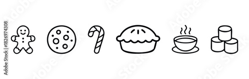 Collection of holiday food and drink icons including gingerbread man, cookie, candy cane, pie, hot drink, and marshmallows for festive season promotions and seasonal greetings.