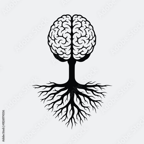 Silhouette brain tree with roots creative mind idea vector illustration