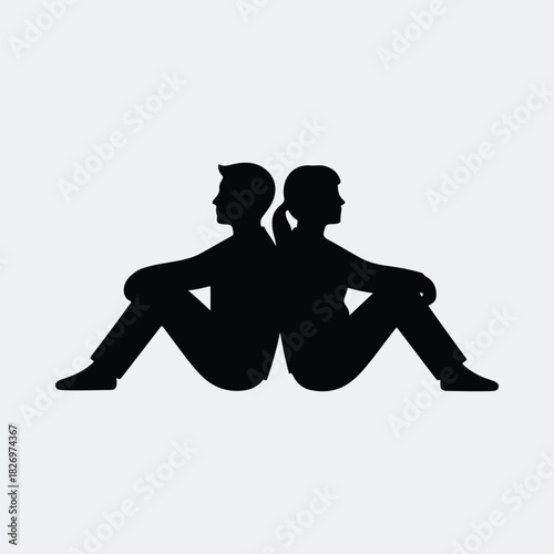 Silhouette couple sitting back to back connection support vector illustration