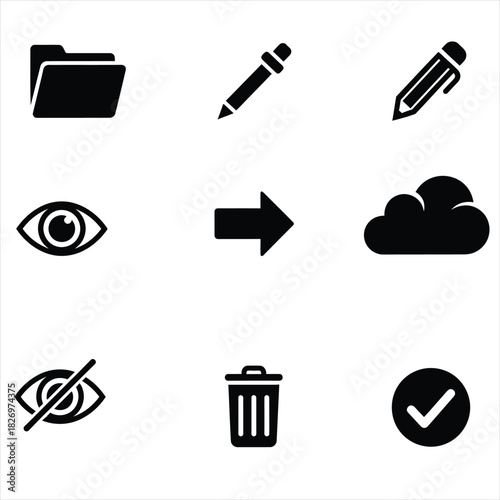 Collection of simple black and white icons representing common digital functions