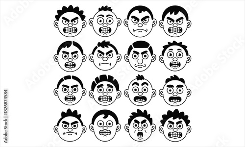 A grid of cartoon faces shows angry and frustrated expressions in black outline