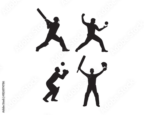 Batsman leg-side hook shot, swing bowling action, wicket-keeping squat stance, and raised-bat victory pose victory Silhouette celebration Vectior illustration design collection set