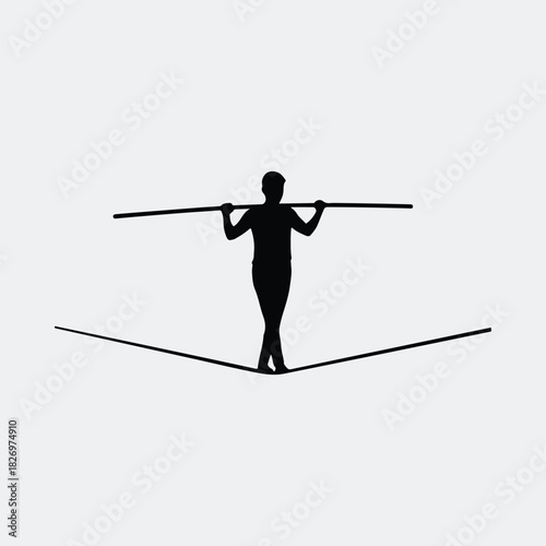 Silhouette of tightrope walker balancing stick on rope vector illustration
