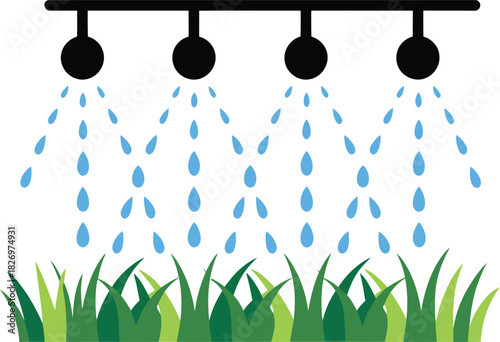 Grass Being Watered with Sprinkler Heads and Falling Water Drops Vector Illustration