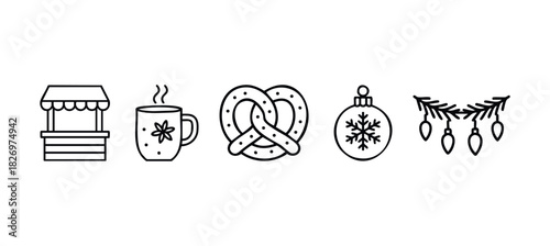 Collection of festive winter icons featuring a market stall, hot drink mug, pretzel, snowflake ornament, and string lights for holiday promotion