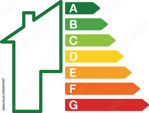 Energy Efficiency Rating Chart with House Icon Showing Green to Red Classes Vector