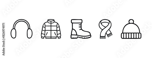 Set of winter clothing icons including headphones jacket boot scarf and beanie hat perfect for seasonal promotions and weatherrelated content