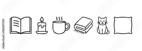 Cozy collection of icons representing comfort and relaxation, including a book, candle, hot drink, blanket, cat, and pillow, perfect for home goods and leisure promotions.