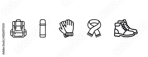 Essential outdoor adventure gear icons including backpack, thermos, gloves, scarf, and boots, perfect for travel and exploration themes.