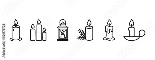 Collection of line icons depicting various candles and a lantern for decorative and celebratory purposes