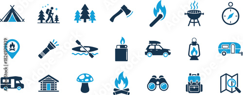 Camping icon set. Camp, tent, fishing, nature, picnic table, forest, campfire, hiking and more. Vector solid icons collection