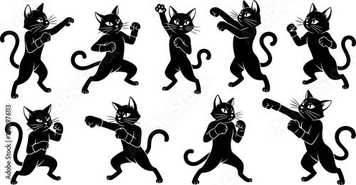 Black Cat Martial Arts Poses Vector Illustration – Funny Boxing Animal Character in Combat Stance for Sports, Humor, and Design Use