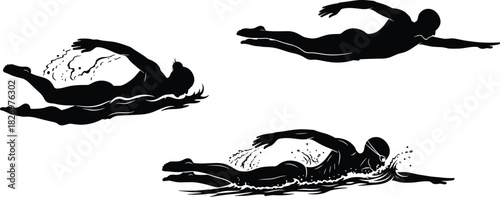 Dynamic collection of swimmer silhouettes showcasing freestyle stroke with splashing water illustrating competitive sport fitness and healthy aquatic exercise