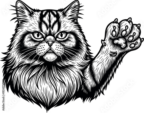 Bold black and white vector illustration of fierce cat raising paw with claws, intense eyes, textured fur, dramatic shading style