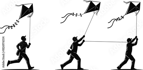 Collection of black silhouettes showing a man running and flying a kite with string and tails, symbolizing childhood fun, freedom, wind, and outdoor activity