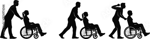Man Pushing Woman in Wheelchair Silhouette Vector Set, Disabled Care, Assistance, Disability, Accessibility, Medical Help, and Healthcare Graphic Illustrations