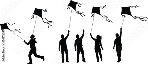 People Flying Kites Silhouettes: Outdoor Fun, Summer Leisure Activity, Childhood Memories, Wind and Sky Entertainment, Festival Game, and Black Vector Graphics Set