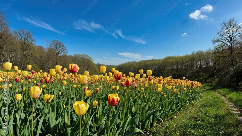 Obraz premium Colorful tulip field under a blue sky with clouds, surrounded by trees and greenery, during spring or early summer.