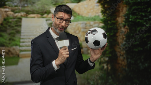 Quadro em tela Man reporter holding microphone and soccer ball at building steps wearing suit and glasses; sports broadcast excitement