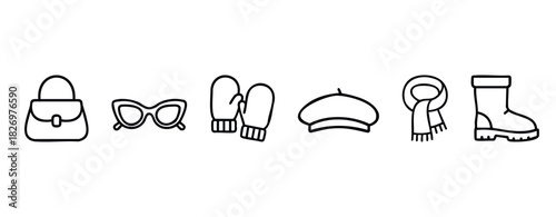 Collection of stylized outline icons representing winter clothing and accessories like boots, scarves, mittens, sunglasses, and a handbag, perfect for seasonal promotions and winter themed