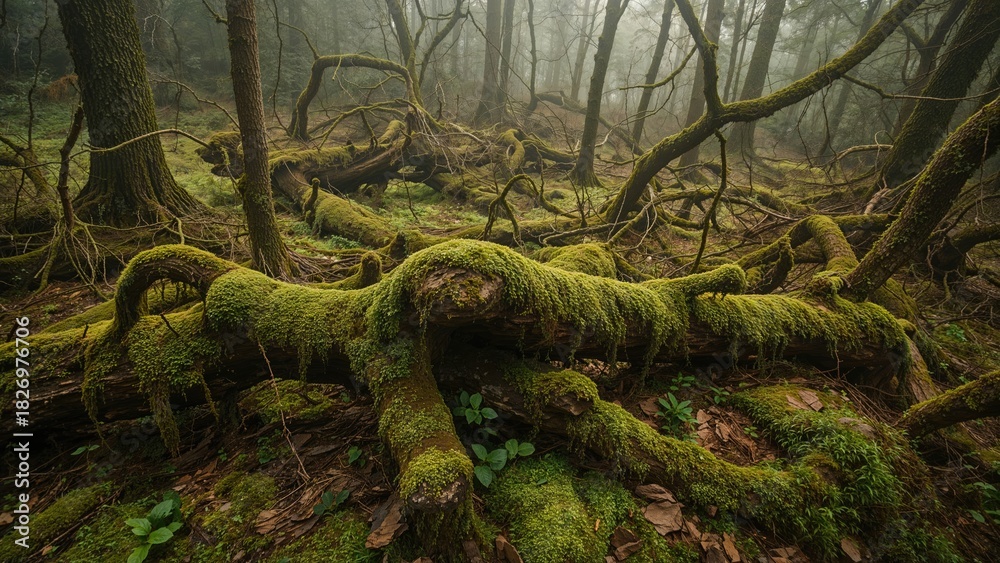 Naklejka premium Moss-covered roots and tangled branches in a foggy forest landscape.