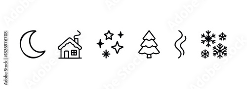 Collection of simple line icons representing winter night theme including moon, house, stars, pine tree, wind and snowflakes, ideal for seasonal graphics and web design.