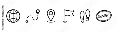 Collection of travel and adventure icons including globe, dotted path, map pin, flag, footprints, and passport stamp perfect for travel blogs, vacation planning, and exploration themes.