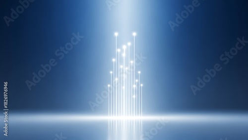 Modern glowing light beams rising on blue background, futuristic technology or data transfer concept for sleek presentations and innovative designs