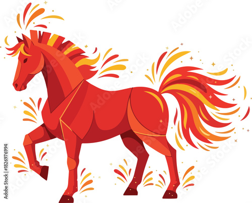 A geometric stylized red horse with yellow mane and tail on a white background surrounded by small yellow and orange flares
