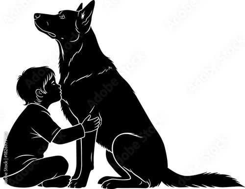Silhouette of child hugging dog showing emotional bond, friendship, loyalty, love, trust, pet care, animal affection, family connection