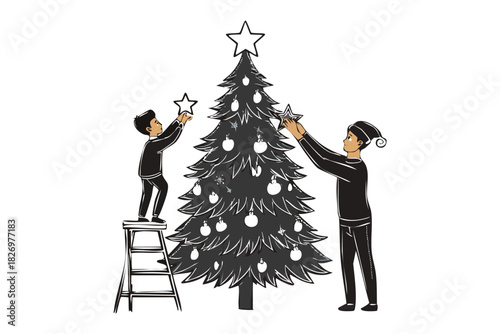 Two Men Decorating Christmas Tree with Star Ornaments Outline Illustration