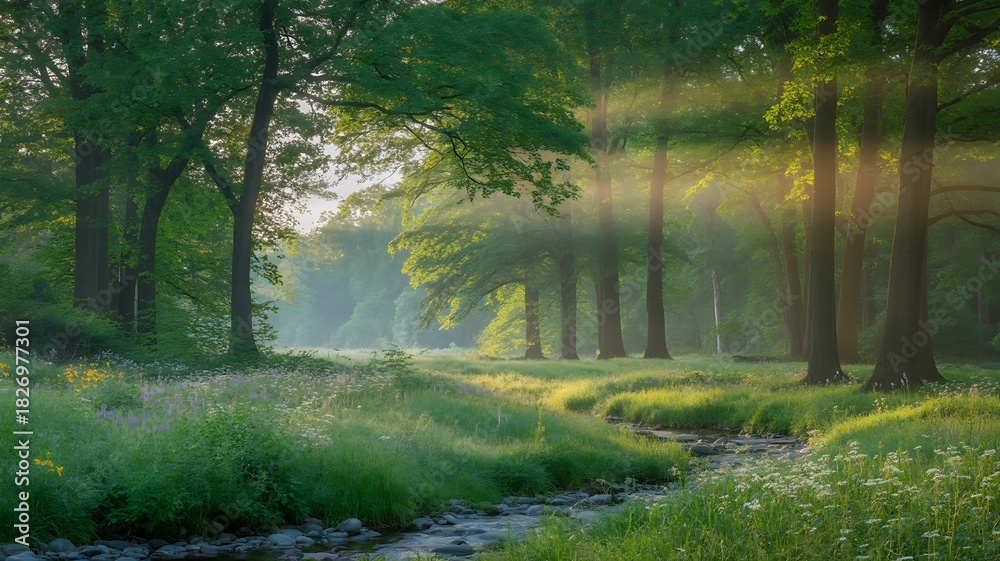 Obraz premium Sunlit forest stream in vibrant green nature