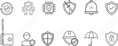 Protection Web Icon Set in Line Style. Collection of Security Linear Icons, Including defense, safe, safety and security, alarm, encryption, cybersecurity, locked, shield, guard, lock. Editable Stroke