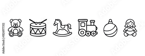 Collection of simple line art icons representing classic childrens toys including a teddy bear, drum, rocking horse, train, ball, and doll for preschool learning and play.