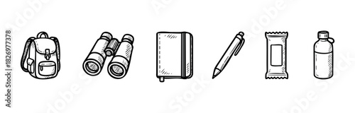 Collection of essential outdoor adventure and travel items including a backpack, binoculars, notebook, pen, snack, and water bottle for planning and documenting journeys.